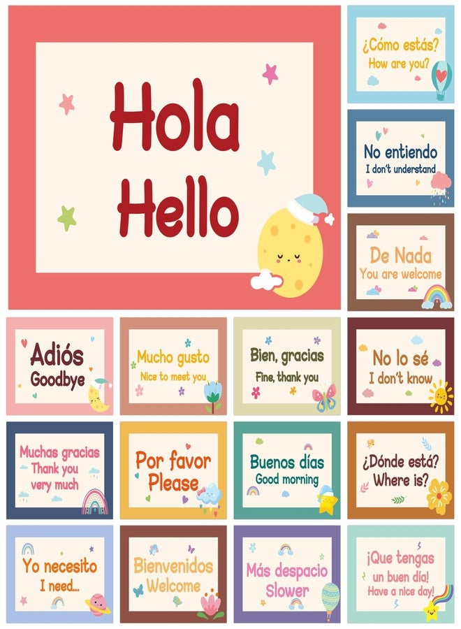 WATINC Spanish Words Phrases Poster - 16pcs Spanish Posters Set Classroom Decorations, Preschool Bilingual Study Learning Materials Teacher Supplies, Educational Language Bulletin Board (Colorful) - Image 1
